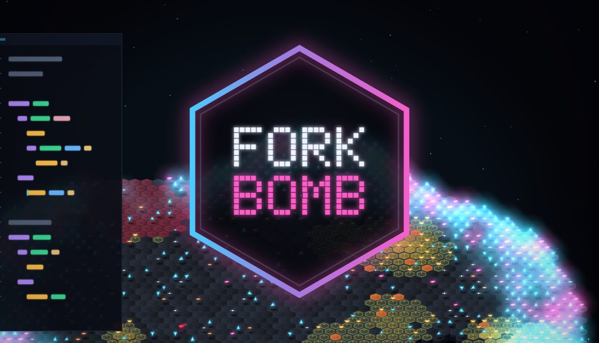 Fork Bomb, a programming game: a glowing hexagon logo over a swarm of machines